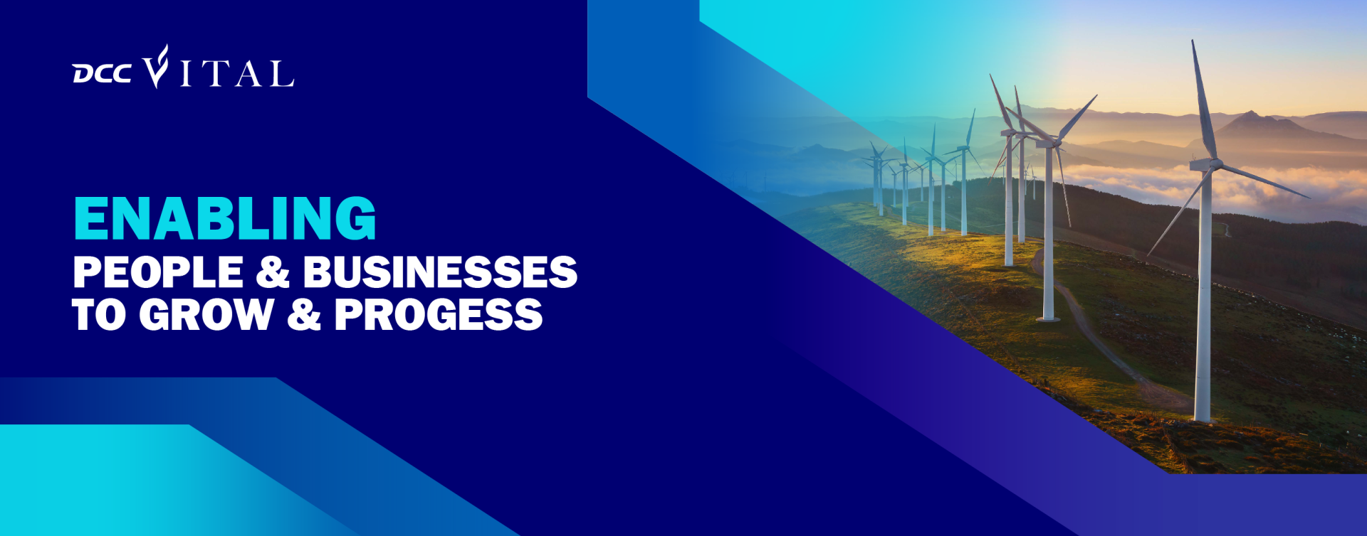 Image of wind turbines with the caption 'Enabling people & businesses to grow & progress'. Sustainability, Social Value, Safety & Compliance Landing Page.